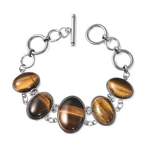🗽Yellow Tiger's Eye Block and Toggle Clasp Bracelet in Stainless Steel 6.50”